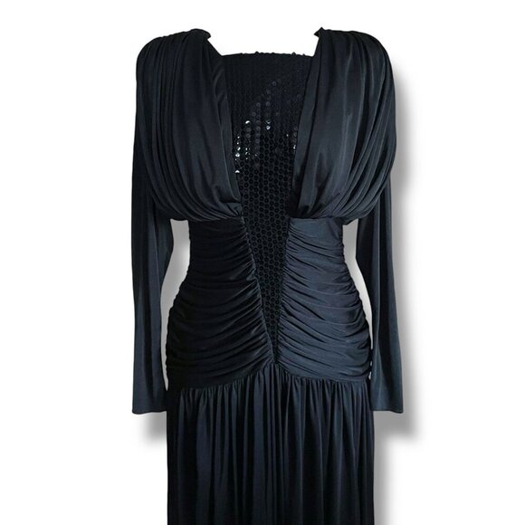 Vintage 1980s Claraluna Originals Dress Sz Small Black Coffin Pleat Vamp Disco - Picture 5 of 13